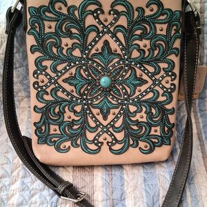 Elegant Beige and Teal Embroidered Crossbody Bag